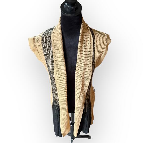 Women's Beige & Black Striped Knit Open Front Cardigan Sweater Size Medium - Picture 8 of 16